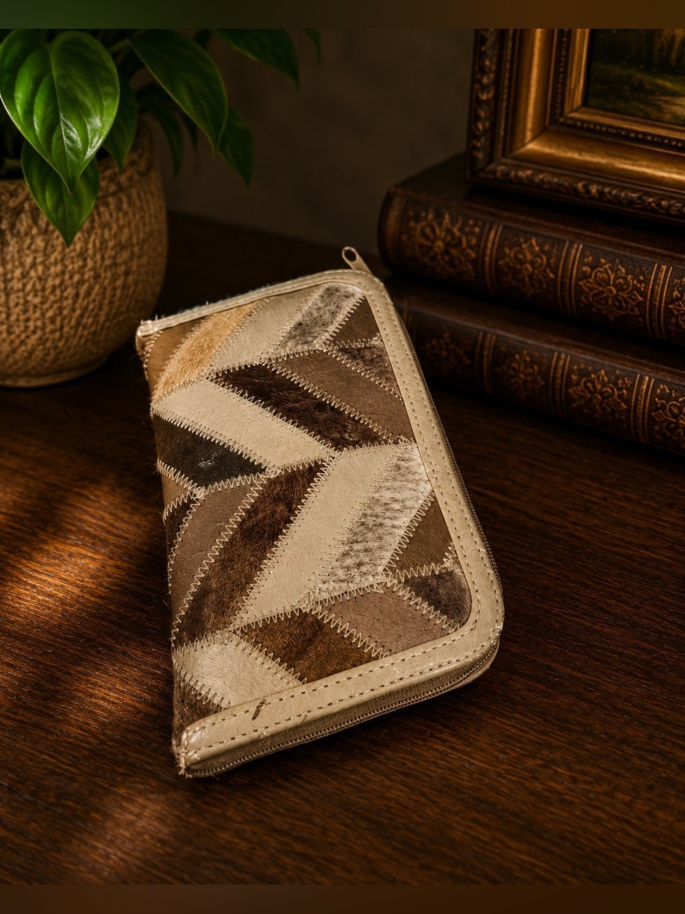 Vintage Accessory Concepts Inc. Patchwork Hair-On-Hide Leather Zip Around Wallet